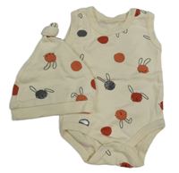 2set - Krémové puntíkaté body s králíky + bavlněná čepice