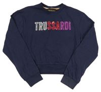 Tmavomodrá crop mikina s nápisem z flitrů Trussardi