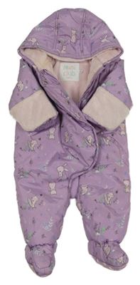 Lila šusťáková zimní kombinéza se zvířaty a kapucí Miniclub