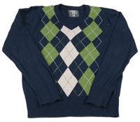 Tmavomodro-zeleno-růžový vlněný svetr s kárami H&M