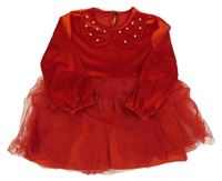Červené sametovo/tylové šaty s límečkem s perlami