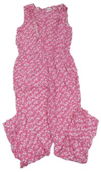 Růžový květovaný lehký kalhotový overal s volánky Pocopiano