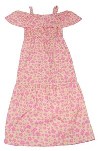 Meruňkovo-růžové květované lehké maxi šaty s volánkem zn. Pep&Co