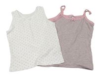 2x košilka - Bílo s růžovými hvězdami + šedo-růžová pruhovaná 