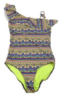 Neonově-modro-barevné vzorované jednodílné plavky H&M