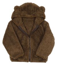 Hnědá chlupatá propínací mikina s kapucí 