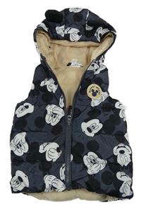 Tmavošedá šusťáková prošívaná zateplená vesta s Mickeym a kapucí Disney