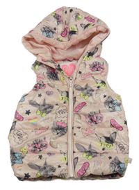 Světlerůžová šusťáková zateplená vesta s kočkami a králíky a kapucí 