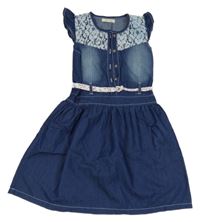 Tmavomodré lehké šaty riflového vzhledu s krajkou a páskem 