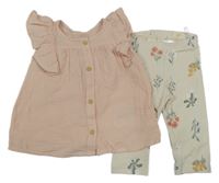 2 set - světlerůžová mušelínová propínací halenka + smetanové květované legíny H&M