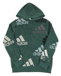 Tmavozelená mikina s logy a kapucí Adidas