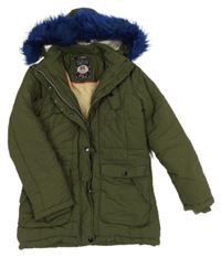 Khaki šusťáková zimní parka s kapucí a nášivkami