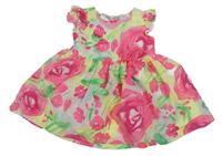 Bílo-zeleno-růžové květované šaty s 3D květem 