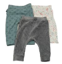 3set - 2x legíny s volánky - zelené + bílé květované + 1x šedé žebrované sametové tepláky  