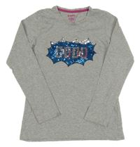 Šedé triko s nápisem z flitrů Tchibo