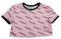 Růžovo-černé crop tričko s nápisy Shein