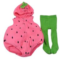 2set- neonově růžová fleecová zateplená propínací vesta s flíčky a kapucí + zelené punčocháče Carbrini