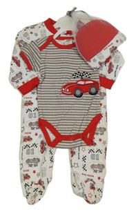 Nové- 3set- bílý overal s auty+ pruhované body s autem+ čepice
