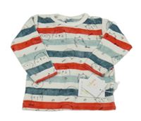 Nové - Bílo-modro-červená pruhovaná sametová mikina s kočkami 