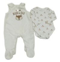 2set- bílé žebrované sametové dupačky s liškou+ bílé s nápisy C&A