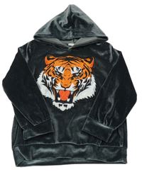 Tmavošedá sametová mikina s tygrem a kapucí Shein