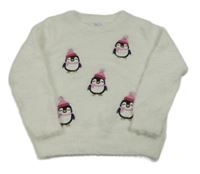 Bílý chlupatý svetr s tučňáky Primark