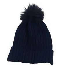 Tmavomodrá třpytivá čepice s bambulí Primark