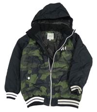 Khaki army-černá šusťáková zimní bunda s písmeny a kapucí 