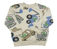 Světlebéžová mikina s auty a stavebními stroji a dinosaury a krokodýlky F&F