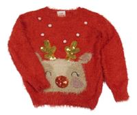 Červený chlupatý svetr se sobem a bambulkami George