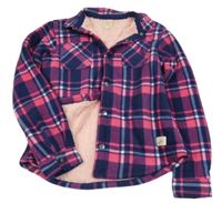 Tmavomodro-růžová kostkovaná fleecová košilová zateplená bunda 