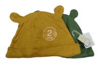 Nové - 2x bavlněná čepice s oušky - hořčicová + khaki Next
