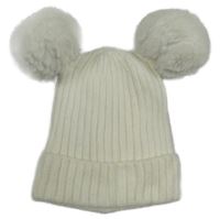 Bílá pletená žebrovaná podšitá čepice s bambulemi Tu