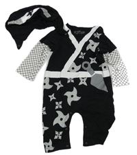 Kostým - Černo-bílý overal s potiskem + šátek - pirát 