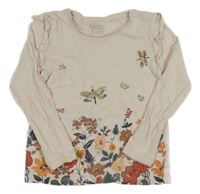 Béžové triko s květy a motýly C&A