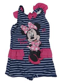 Tmavomodro-bílý pruhované nohavičkové plavky s Minnií Disney