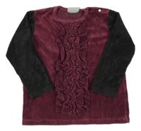 Růžovo-tmavošedá sametová mikina s volánky