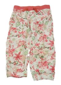 Smetanovo-růžové květované plátěné capri kalhoty CrashOne 