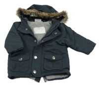 Tmavomodrá šusťáková zimní parka s kapucí s kožešinou 