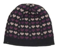 Tmavošedá pletená zateplená oboustranná čepice se srdíčky a třpytkami