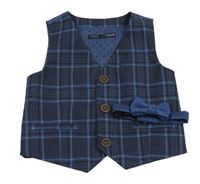 2Set - Tmavomodro-modro-černo-petrolejová kostkovaná vzorovaná slavnostní vesta + motýlek Next