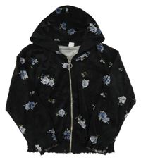 Černá plyšová propínací mikina s růžemi a kapucí LINDEX