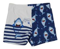 Tmavomodro-bílé nohavičkové plavky se žraloky a pruhy SHEIN