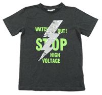 Černošedé melírované tričko s nápisy a bleskem z překlápěcích flitrů Zab