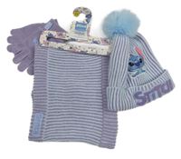Nové - 3Set - Fialovo-světlemodrý žebrovaný pletený nákrčník + čepice s bambulí + rukavice - Stitch Disney