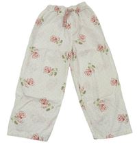 Bílé puntíkaté plátěné capri kalhoty s kytkami
