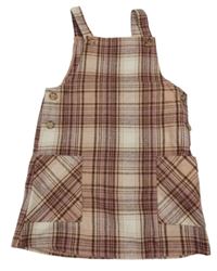 Starorůžovo-smetanovo-hnědé kostkované vlněné laclové šaty Primark