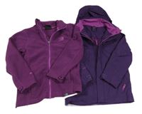 3v1set - Fialová šusťáková jarní funkční bunda s kapucí + vínová fleecová propínací mikina Karrimor