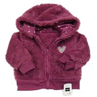 Nové - Vínová třpytivá chlupatá propínací mikina se srdcem z flitrů a kapucí Dunnes