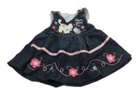 Tmavomodré podšité riflové laclové šaty s kočkou a květy